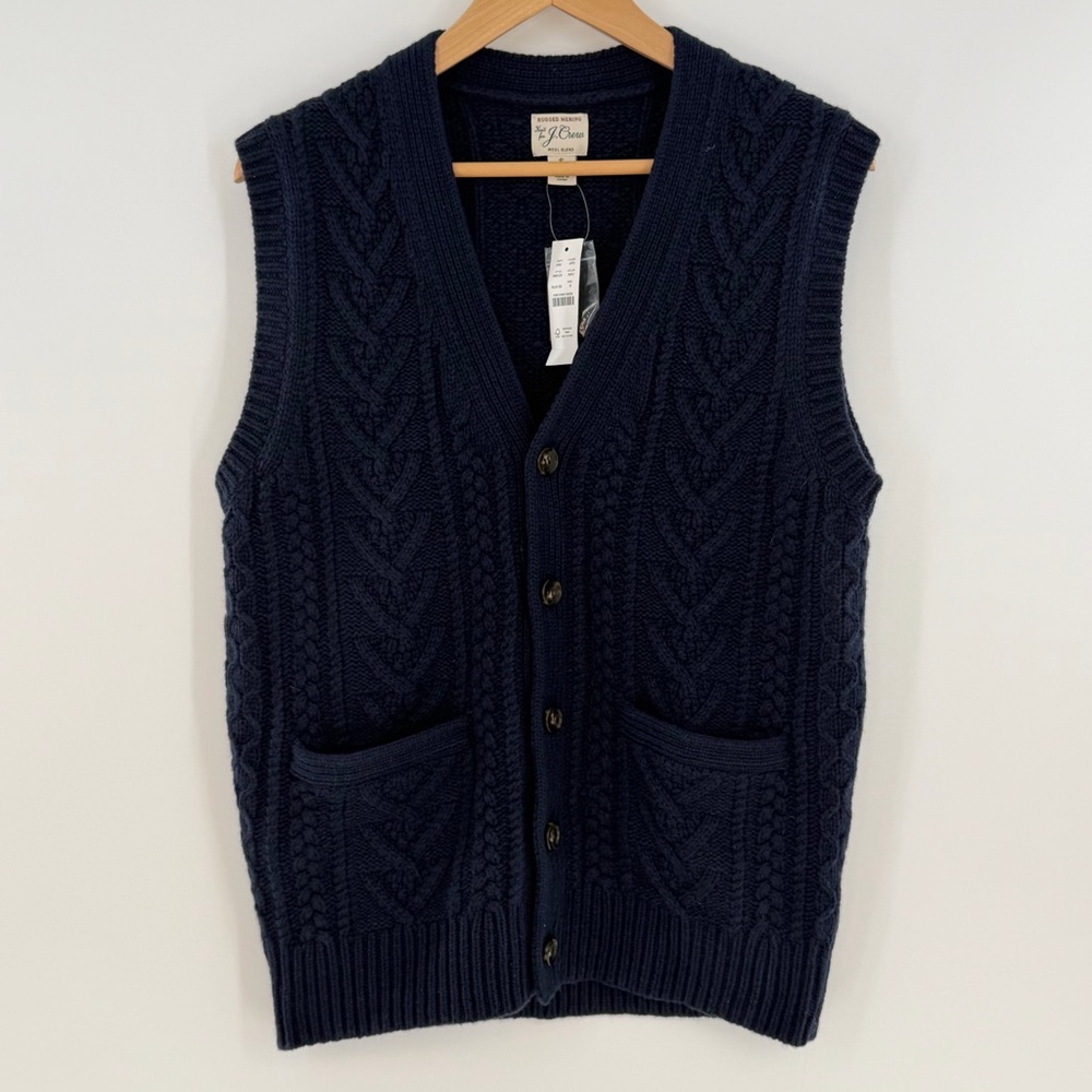 NWT J.Crew Rugged Merino Wool-blend Cable-Knit Cardigan Vest Navy Size Small